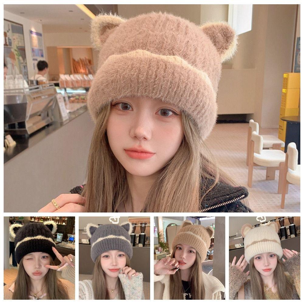 Сохраняйте тепло, вязаная шерстяная шапка, утолщенная вязаная шапочка, милая шапочка с кошачьими ушками для девочек