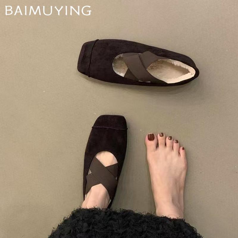 Замшевые туфли для танцев с квадратным носком, короткие плюшевые туфли на плоской подошве, повседневные хлопковые туфли 2025 года, трендовые мягкие зимние туфли для женщин Zapatillas