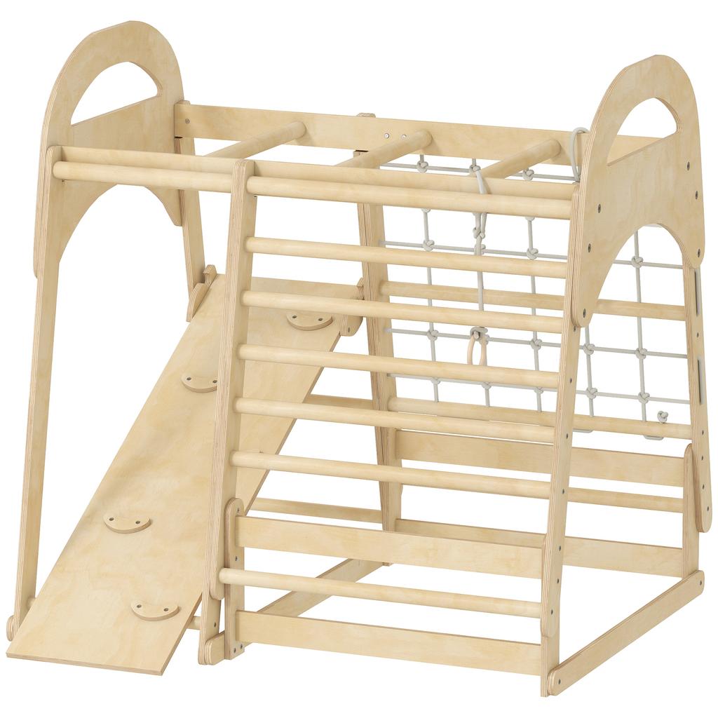 6 in 1 Kids Climbing Frame with Slide, Monkey Bars, Gymnastics Rings, Ladder, Climbing Net, for 3-6 Years, Natural Tone