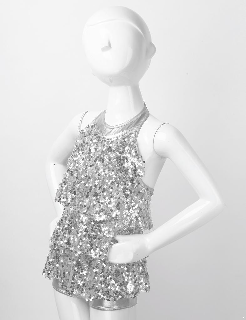 Kids Girls Shiny Sequined Dance Leotard Dress with Hair Band Jazz Latin Dance Performance Costume