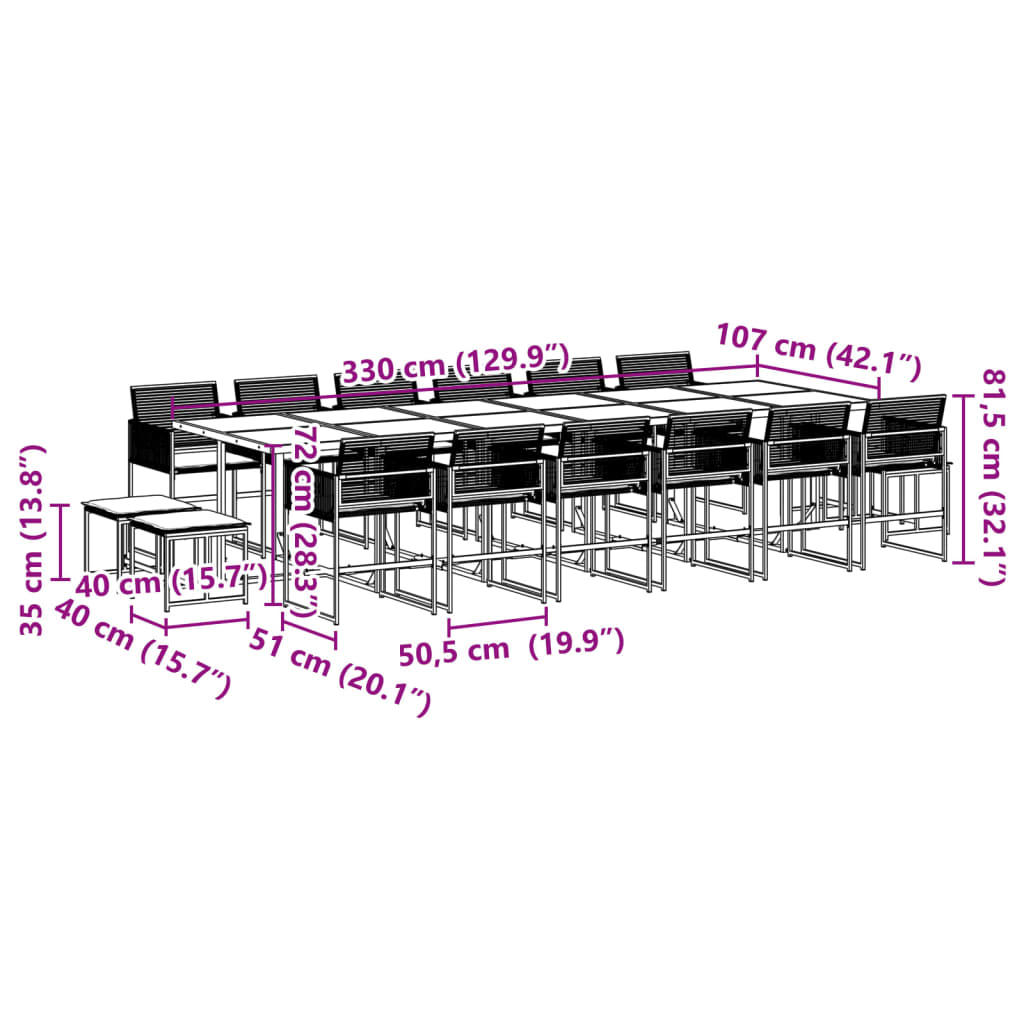 17 pc Outdoor Dining Set with Cushions Black Poly Rattan