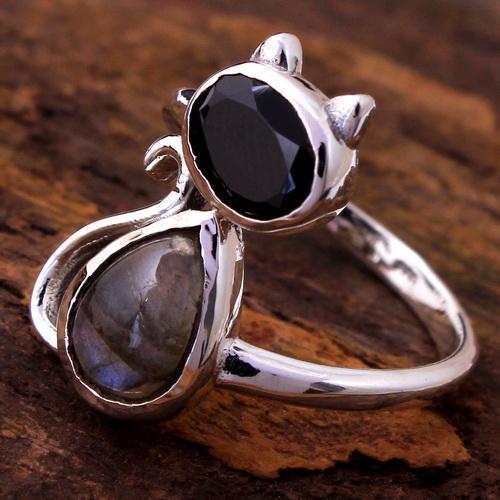 Кольцо с кошкой, кольцо с черным ониксом, ювелирные изделия ручной работы из стерлингового серебра 925 пробы, серебряное кольцо с изображением животных