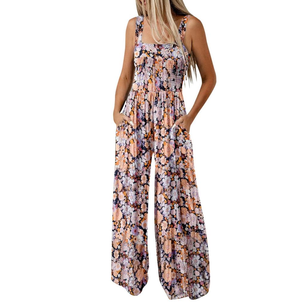 Женский комбинезон с широкими штанинами, плиссированными бретелями и карманами с принтом