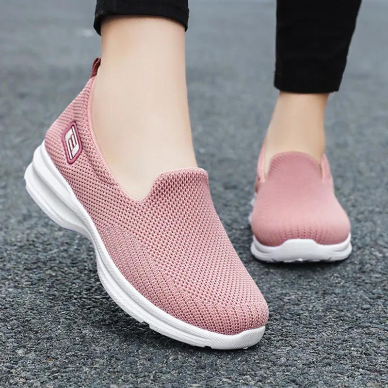 Женская обувь Удобные трикотажные кроссовки с мягкой подошвой Кроссовки для фитнеса Нескользящие кроссовки для ходьбы и бега Повседневная обувь без застежек