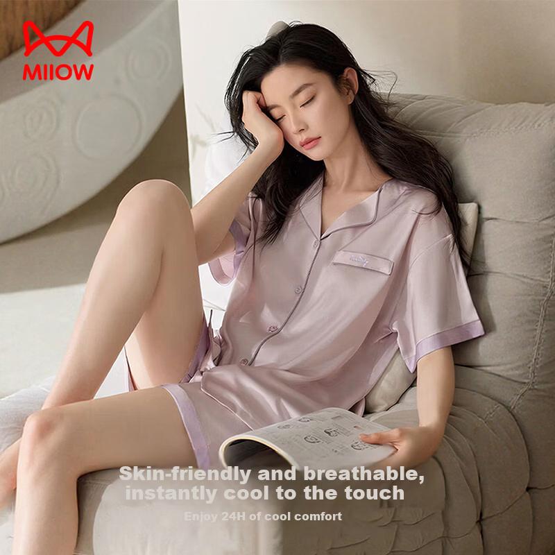 Miiow Couple Pajamas Women's Summer Cool Ice Silk Short Sleeve Shorts Satin Chiffon Premium Loungewear