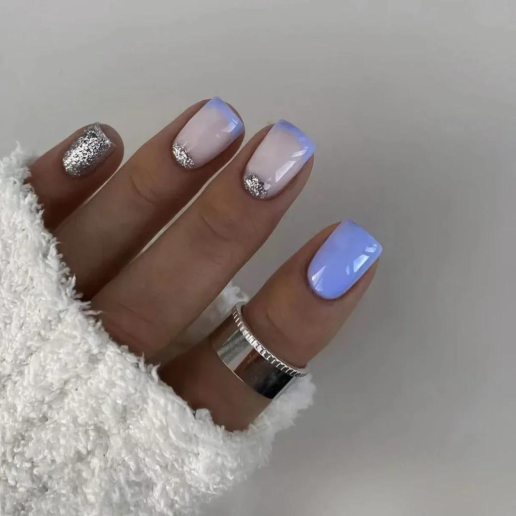 24Pcs Summer False Nails with White French Designs Long Ballerina Fake Nail Wearable Coffin French Nails Tips Press on Nails