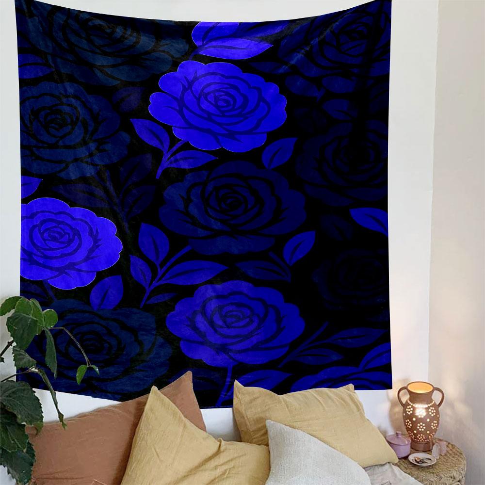 Blue Roses Pattern on Dark Background Patterned Tapestry Decorative Wall Hanging, Home Bedroom Living Room Decor