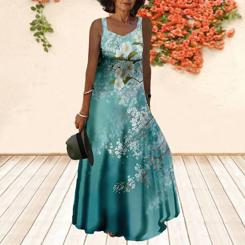Women's Camisole Dress Maxi Long Dress White Peach Blossom Print Dress Spring/summer V-neck Leisure Vacation
