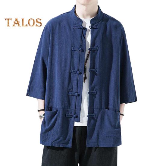 Мужская рубашка в китайском стиле, свободная рубашка в стиле ретро на пуговицах с карманами, хлопковая льняная дышащая летняя рубашка для уличных вечеринок и путешествий