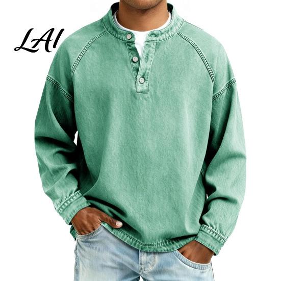 Daily Errands Clothing Vintage Long Sleeve Men Tops Distressed Shirt Tops with V-Neck Easy Care Apparel Loose Fit Casual Fall Pullover for Everyday