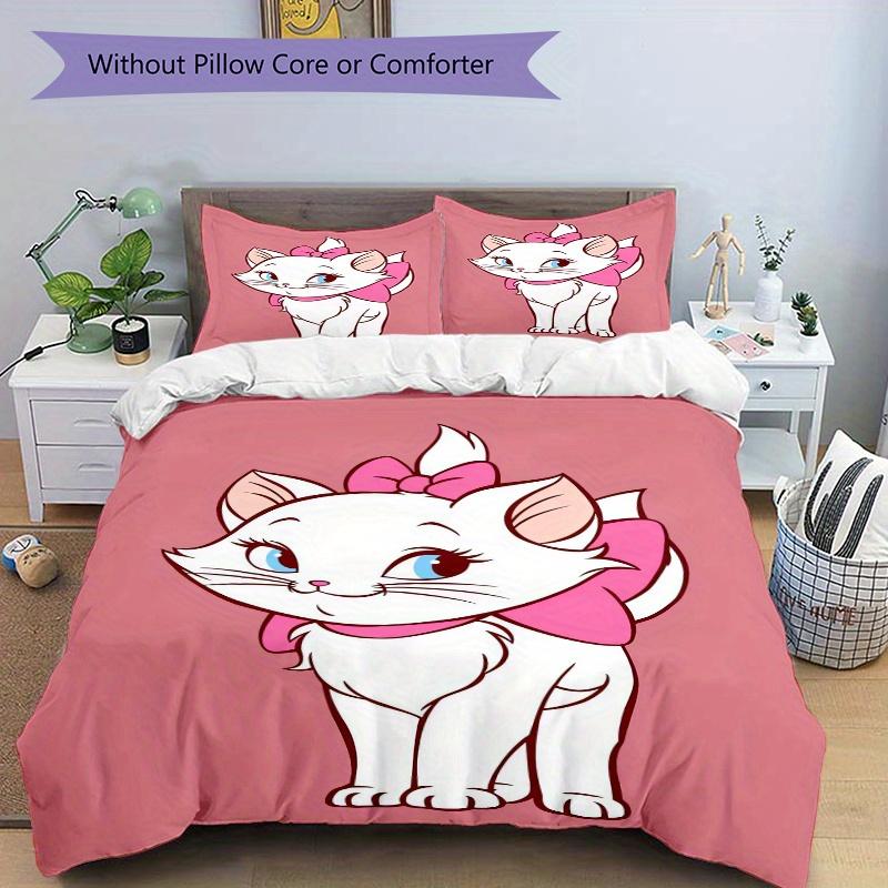 3pcs Adorable Aristocats Marie Cat Pink Bow Printed Bedding Set, Soft and Comfortable Quilt Cover for Bedroom, Guest Room (1 Duvet Cover + 2