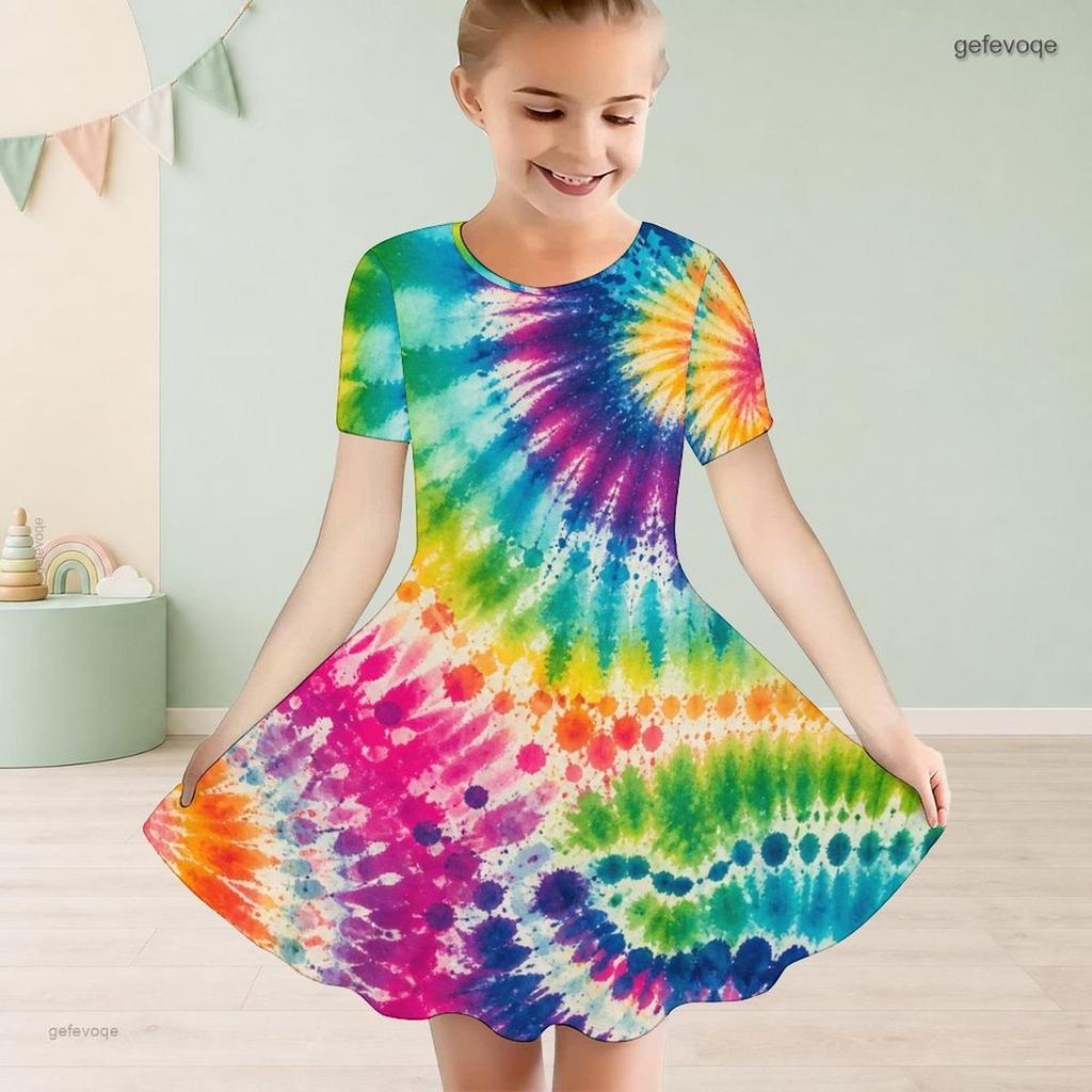 Girls Black Round Neck Short Sleeve Galaxy Space Printed A Line Flared Dress