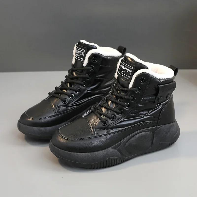 Fashion Round Toe Chunky Shoes for Women Lace-up Platform with Laces White Womens Snow Boots High Boot Female Trend 2024 Hot Pu Work Y2k