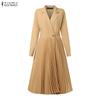 ZANZEA Женское повседневное платье с лацканами с вырезом, свободное, с длинными рукавами и плиссировкой