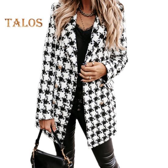 Зимнее осеннее женское пальто с отложным воротником, клетчатый принт, двубортное, с длинными рукавами, плотная куртка средней длины для свиданий, поездок на работу, офиса