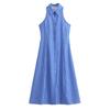 Kaslead New Arrival Women's Clothing Fashion Style Fashion Minimalist Stripes Shirt Collar Sleeveless Shoelace Dress