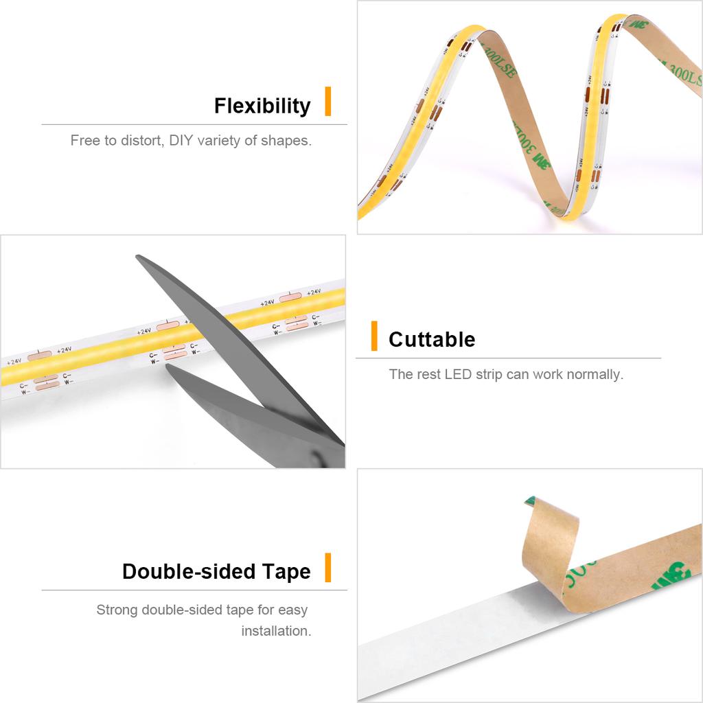 CCT COB Светодиодные ленты Высокая плотность 608 светодиодов/м 2700–6500 К Сменный DC 12 В 24 В с регулируемой яркостью FOB Светодиодная ленточная лампа Линейное освещение