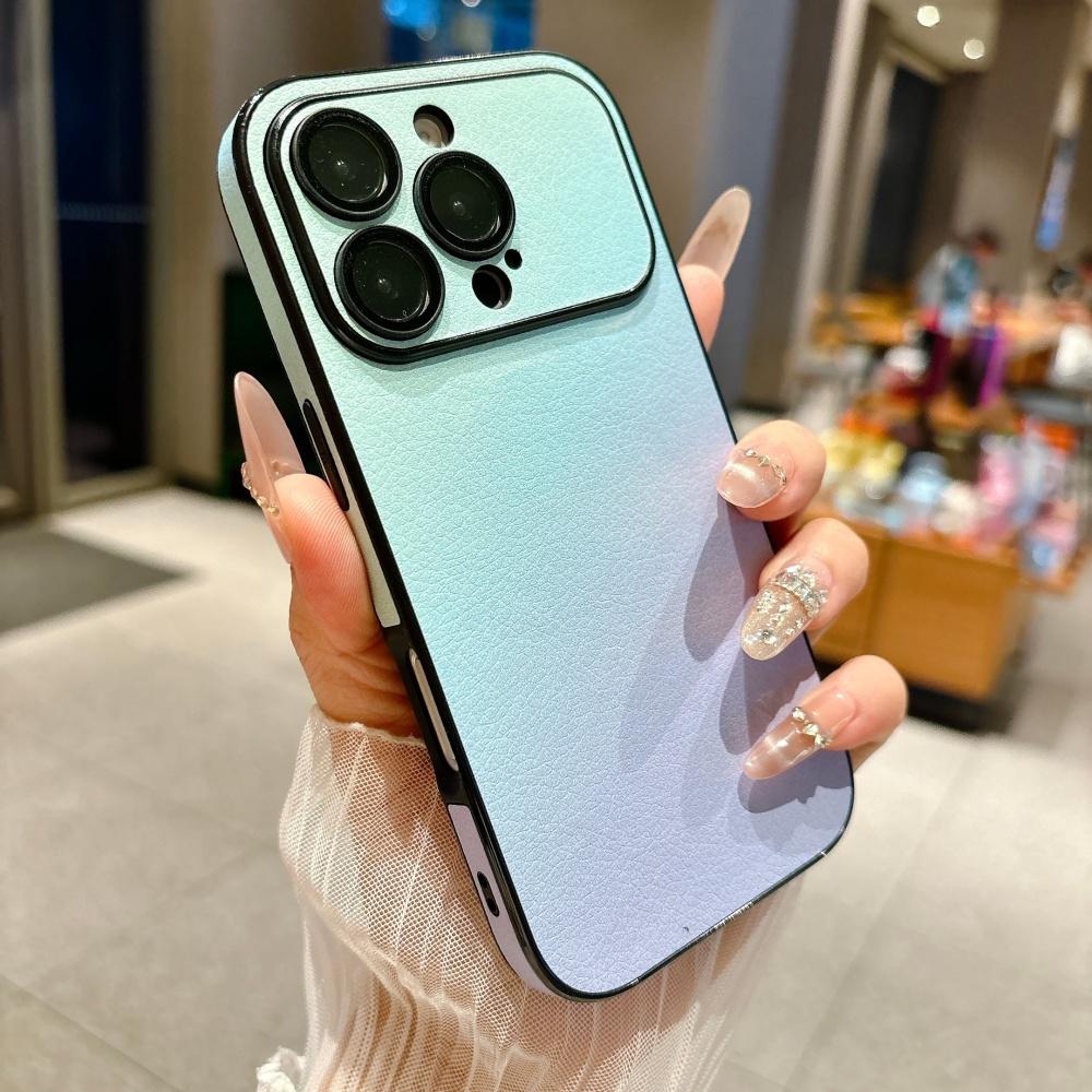 Модный Чехол Для Телефона С Текстурой Кожи И Градиентом Цвета Для iPhone 17 16 15 14 Plus 13 Pro Max Пленка На Камеру Матовый Бампер Ударопрочный Чехол