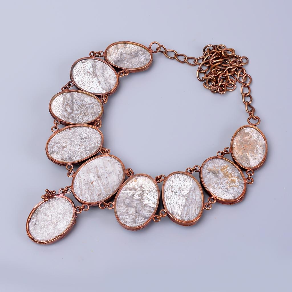 Friendship Day Deal Oval Fossil Coral Stone Copper Electroformed Chain Necklace V-86