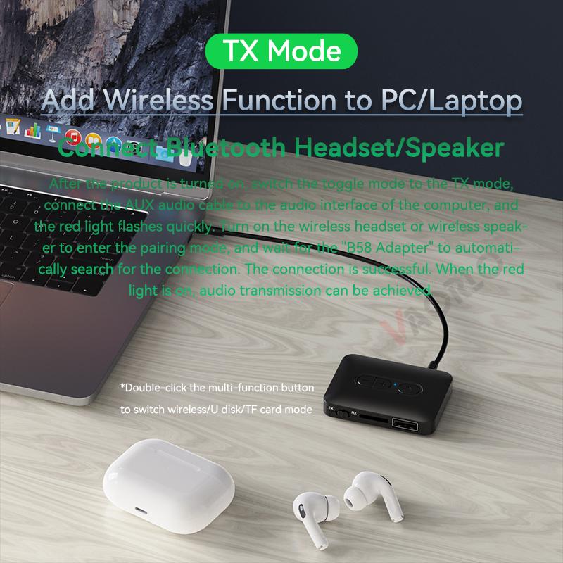 Bluetooth 5.4 аудио передатчик приемник 3.5 мм AUX USB U-диск TF карта воспроизведения беспроводной адаптер стерео музыка с микрофоном для автомобиля ТВ ПК