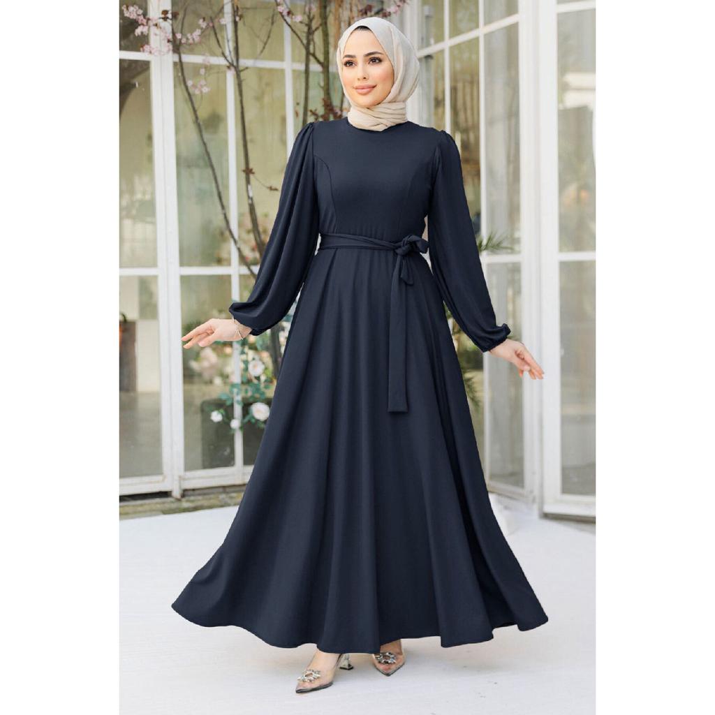 Belted Black Hijab Dress 23101s