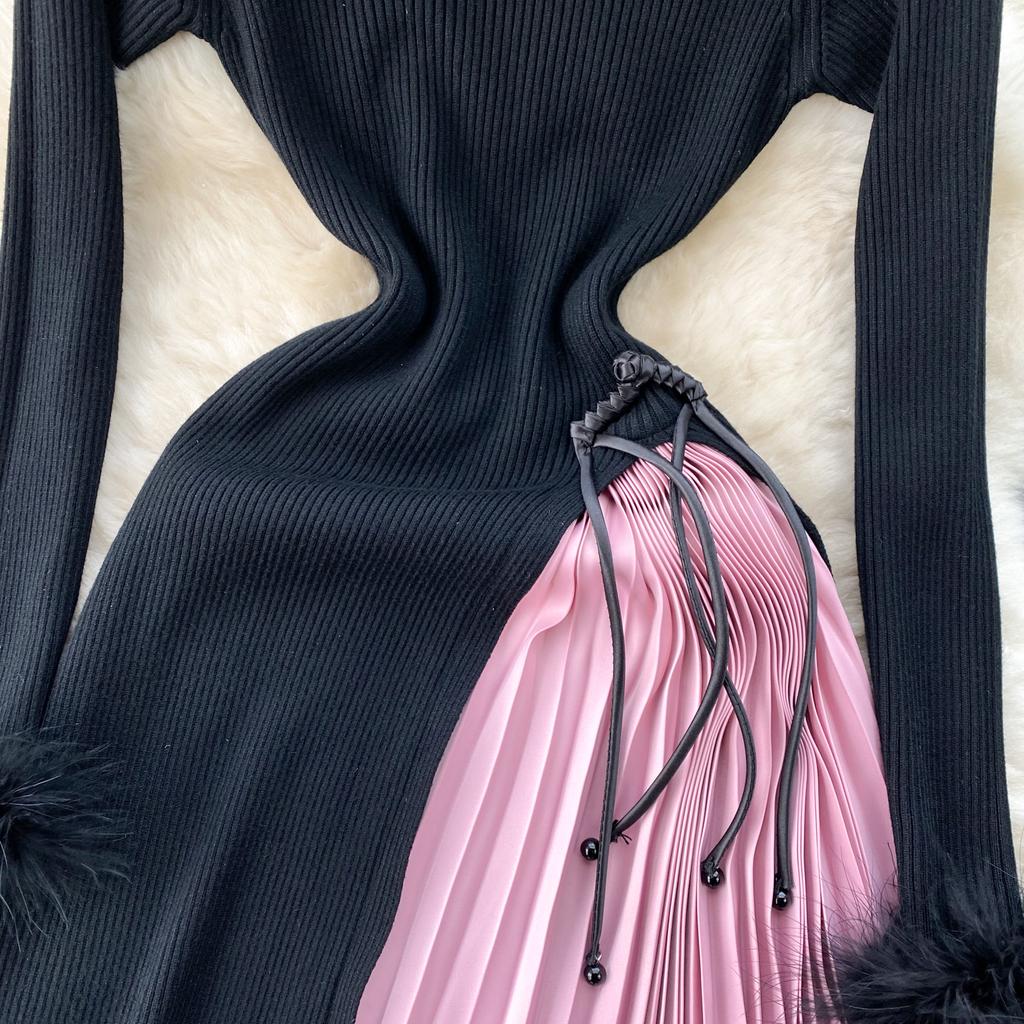 Старший трикотажное платье мода O-образный вырез перо длинный рукав женское завязка цвет блок сращивание плиссированное длинное платье