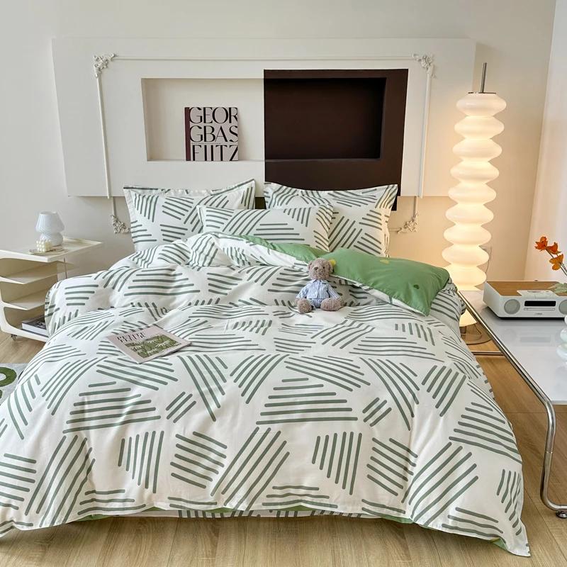 Цветочный пододеяльник в садовом стиле, 100% хлопок, бохо-эстетика, зеленый, с рисунком из разноцветных цветов, 3 предмета