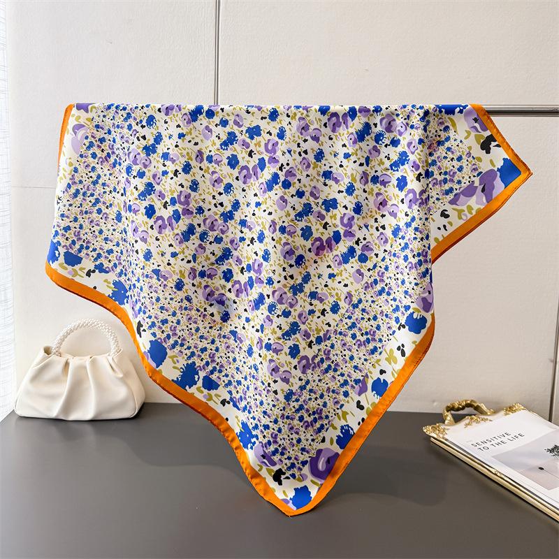 Ditsy Floral Print Square Silk Scarf Soft Satin Silk Shawl Vintage Bandana Neck Hair Headband Bag Wrist Wrap for Women Travel