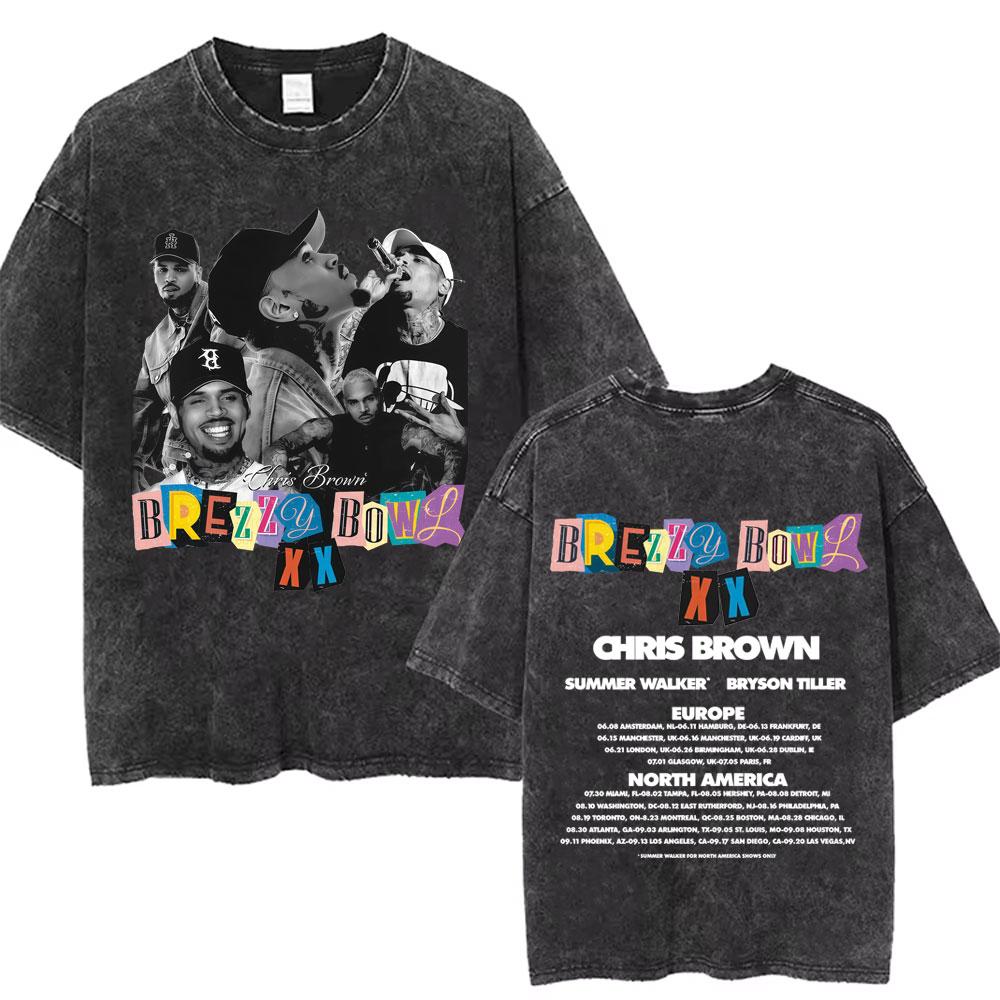 Рэпер Крис Браун Breezy Bowl XX Тур Винтажные стираные футболки Мужские Женские Хип-Хоп Модные Футболки Мужская Хлопок Ретро Футболка