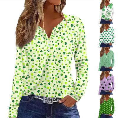Женская модная повседневная футболка с v-образным вырезом и длинным рукавом с принтом, топ на пуговицах