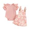 Baby Girls Shorts Set, Short Sleeve Romper with Flower Print Suspender Shorts Summer Outfit