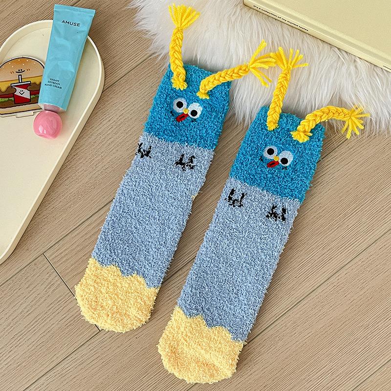 Super Cute Cartoon Socks Medium Tube Socks Season Thickened Warm Coral Fleece Socks Embroidered Expression Floor Sleeping Socks