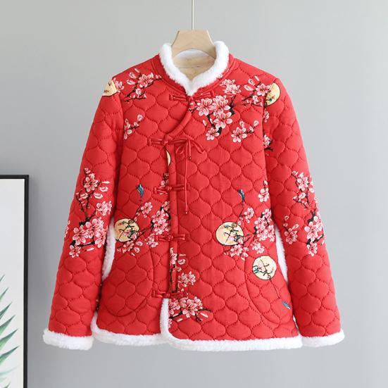 Женская осенне-зимняя куртка на хлопковой подкладке в китайском стиле, пальто на пуговицах с цветочным узором, верхняя одежда на утолщенной флисовой подкладке