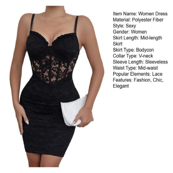 Женское сексуальное мини-платье бодикон на тонких бретельках с V-образным вырезом, прозрачное платье-ками с цветочным кружевом, для вечеринки, клуба, коктейля