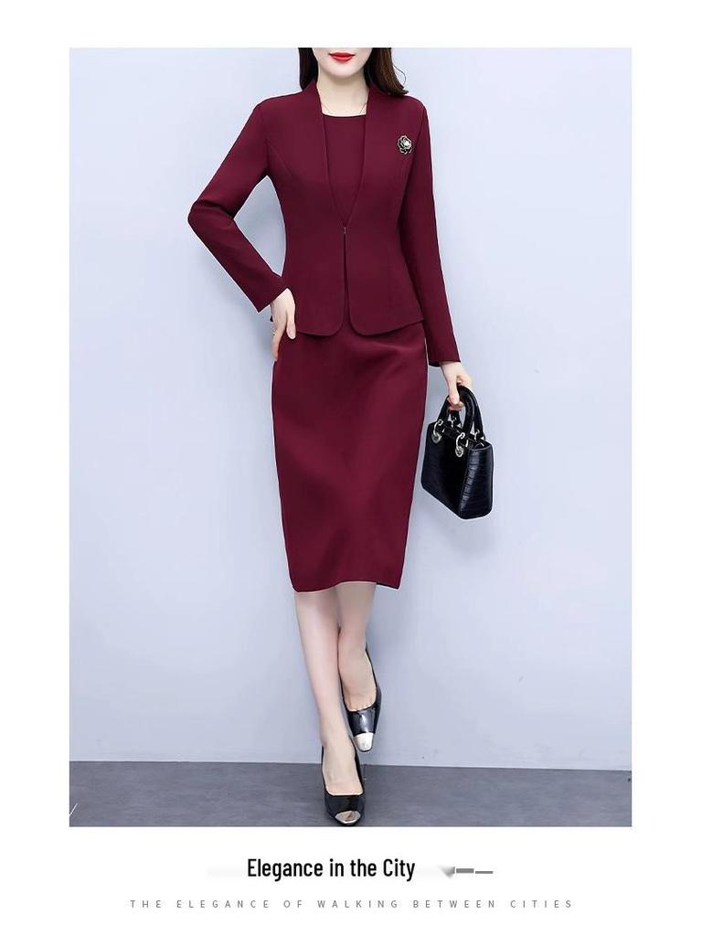 Красный ангоровый облегающий формальный комплект из платья и юбки - Профессиональная весенне-осенняя рабочая одежда для руководителей