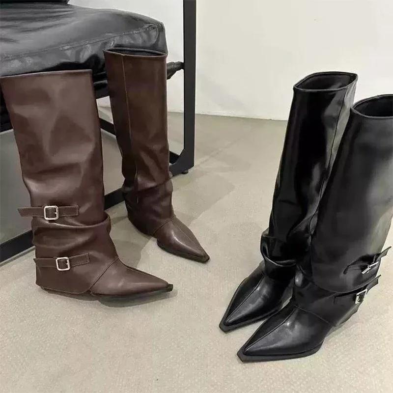 Женские кожаные высокие сапоги на среднем каблуке с острым носком и пряжкой, женские модные новые ботинки челси, туфли-лодочки, готическая мода, женские зимние сапоги
