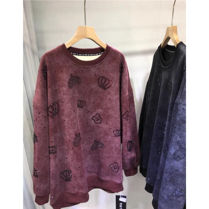 Горячая дрель Толстовка женская плюс размер подбитый утолщенный круглый вырез светлый роскошный корона длинный рукав топ