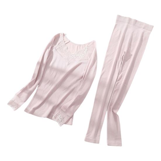 1 комплект женского термобелья, осенне-зимний кружевной V-образный вырез, длинный рукав, рубашка, длинные брюки