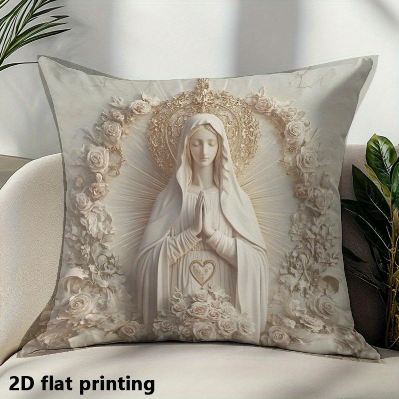 Elegant Virgin Mary Pillow Cover 3D Embossed Religious Floral Print Sacred Heart Cushion Case For Sofa Bed Couch Home Decor