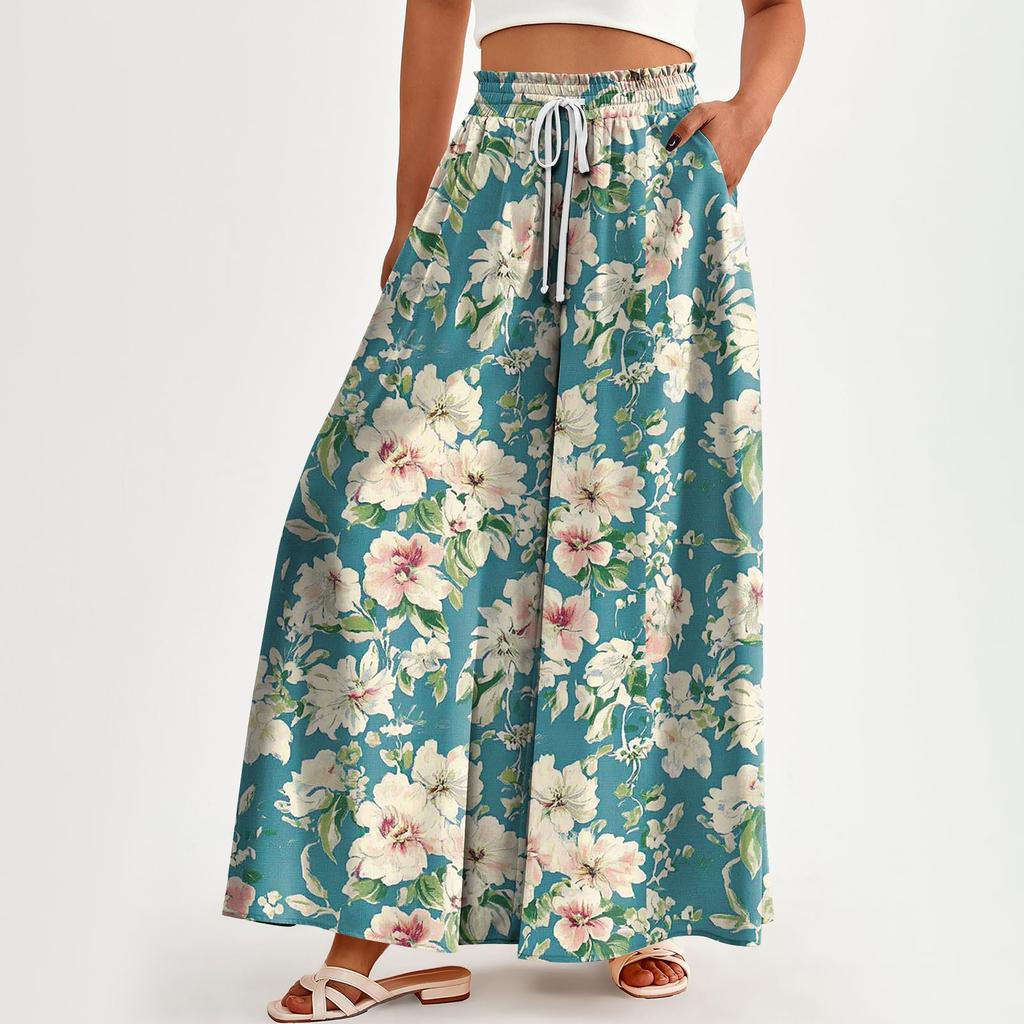 Женские брюки с высокой талией, широкие, повседневные, струящиеся брюки-палаццо, брюки с цветочным принтом и карманом