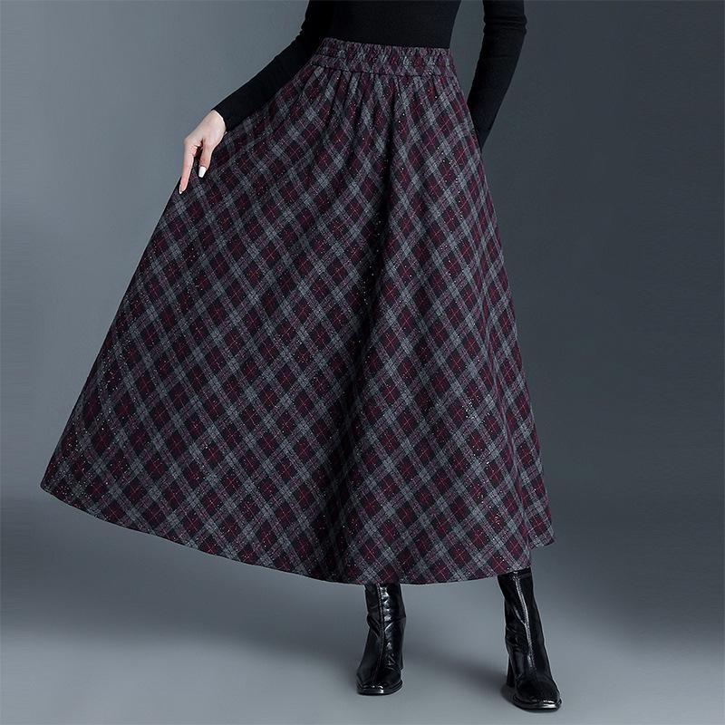 Plaid Drapey A-line Elastic Waist Pleated Midi Skirt - 2025 Winter Slimming Edition