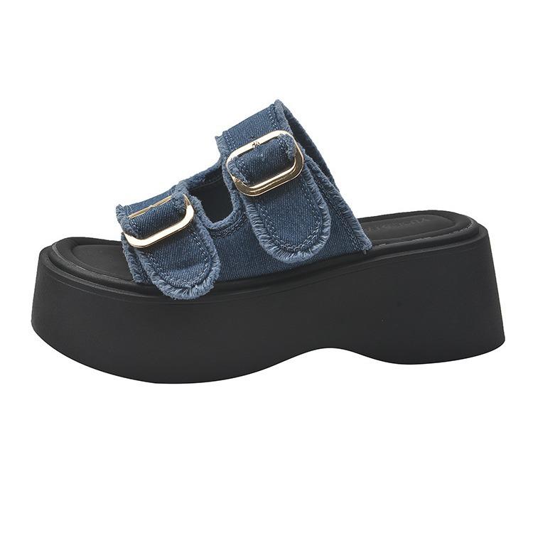 Женская обувь из импортного денима, туфли на платформе из парусины, женщины носят новые универсальные повседневные туфли на высоком каблуке с открытым носком весной и летом