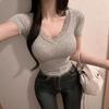 Женский стильный летний топ с V-образным вырезом, коротким рукавом, однотонный, приталенный, с кружевной вставкой