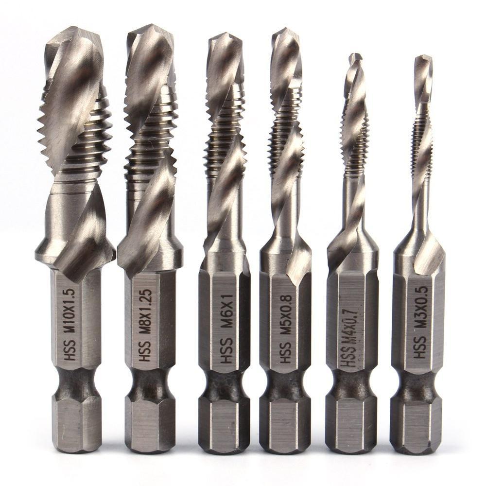 6pcs M3-M10 Screw Tap Drill Bits Hss Taps Countersink Deburr Set Metric Combination Bit High Speed Steel Quick Change Hex