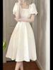 French First Love White Long Summer Dress - Women's Square Neck, Slim Fit, Elegant Style