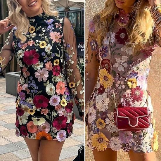 Весеннее женское платье с красочной цветочной вышивкой, кружевное прозрачное сетчатое платье с длинными рукавами, облегающее платье-футляр