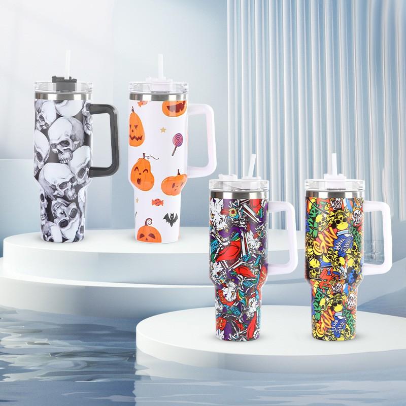 Halloween Series Stainless Steel Vacuum Insulated Tumbler With Handle Straw Portable Cold Hot Drinks