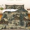 3pcs Winter Snow Village Pine Trees Night Scene Duvet Cover Set - Vintage Nostalgic Christmas Bedding with Zipper Closure