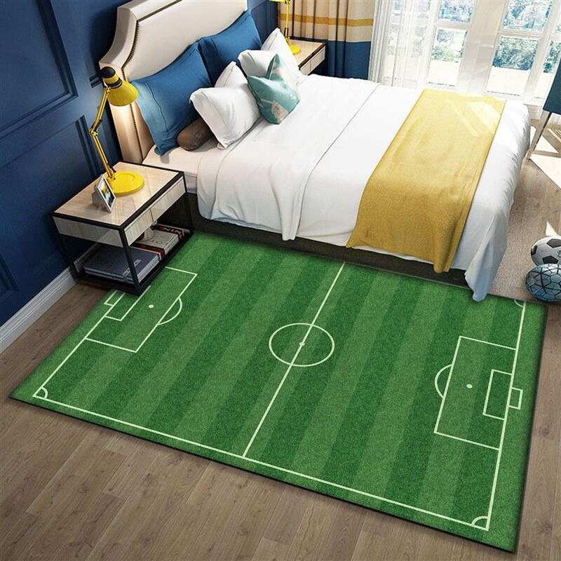 VIKAMA Kids Soccer Field Floor Mat Green Football Pitch Pattern Non Slip Washable Carpet Boy Bedroom Play Area Indoor Home Decor