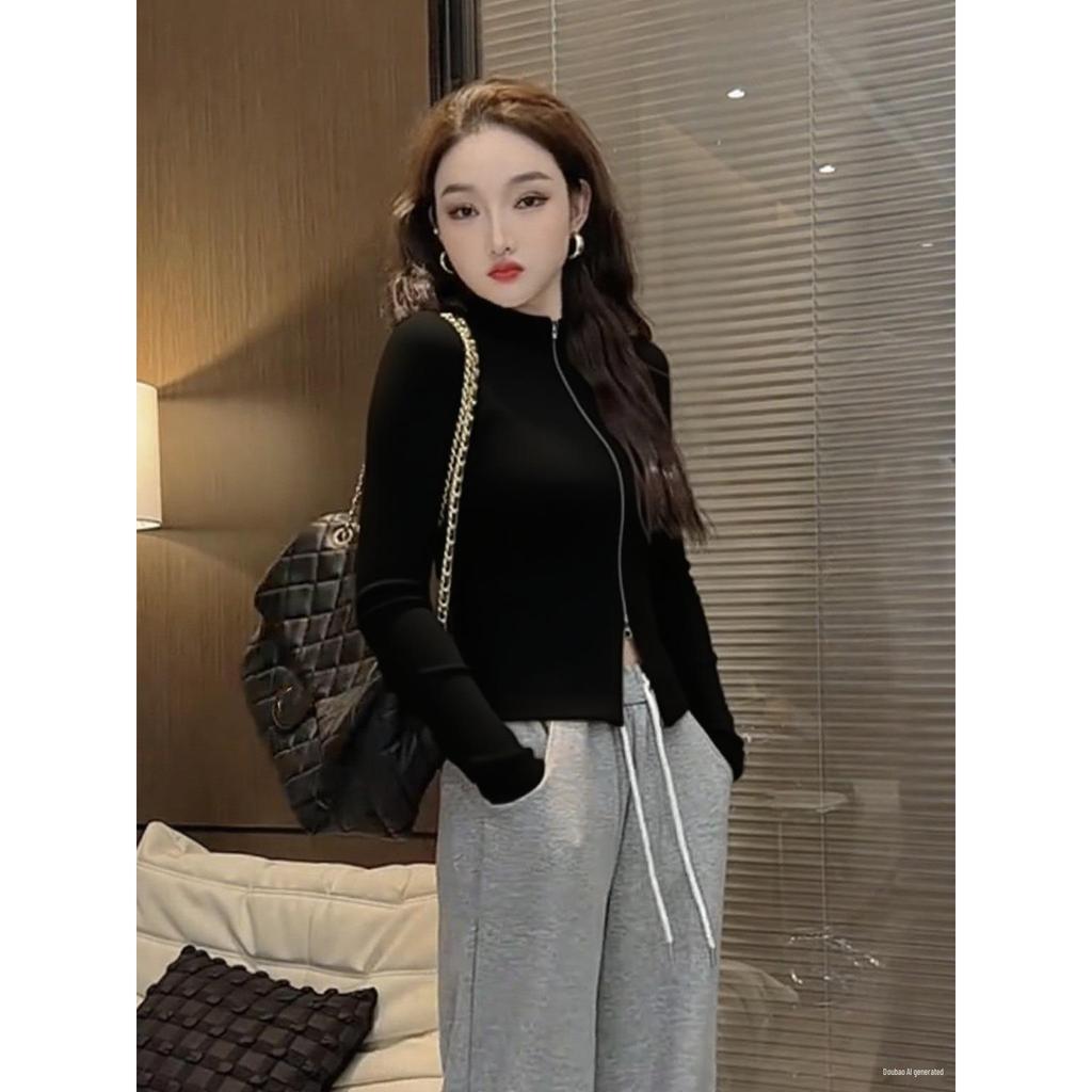 Korean Double Zipper Long-Sleeve Women's Slim Base Layer Top - 2025 Autumn/Winter Collection